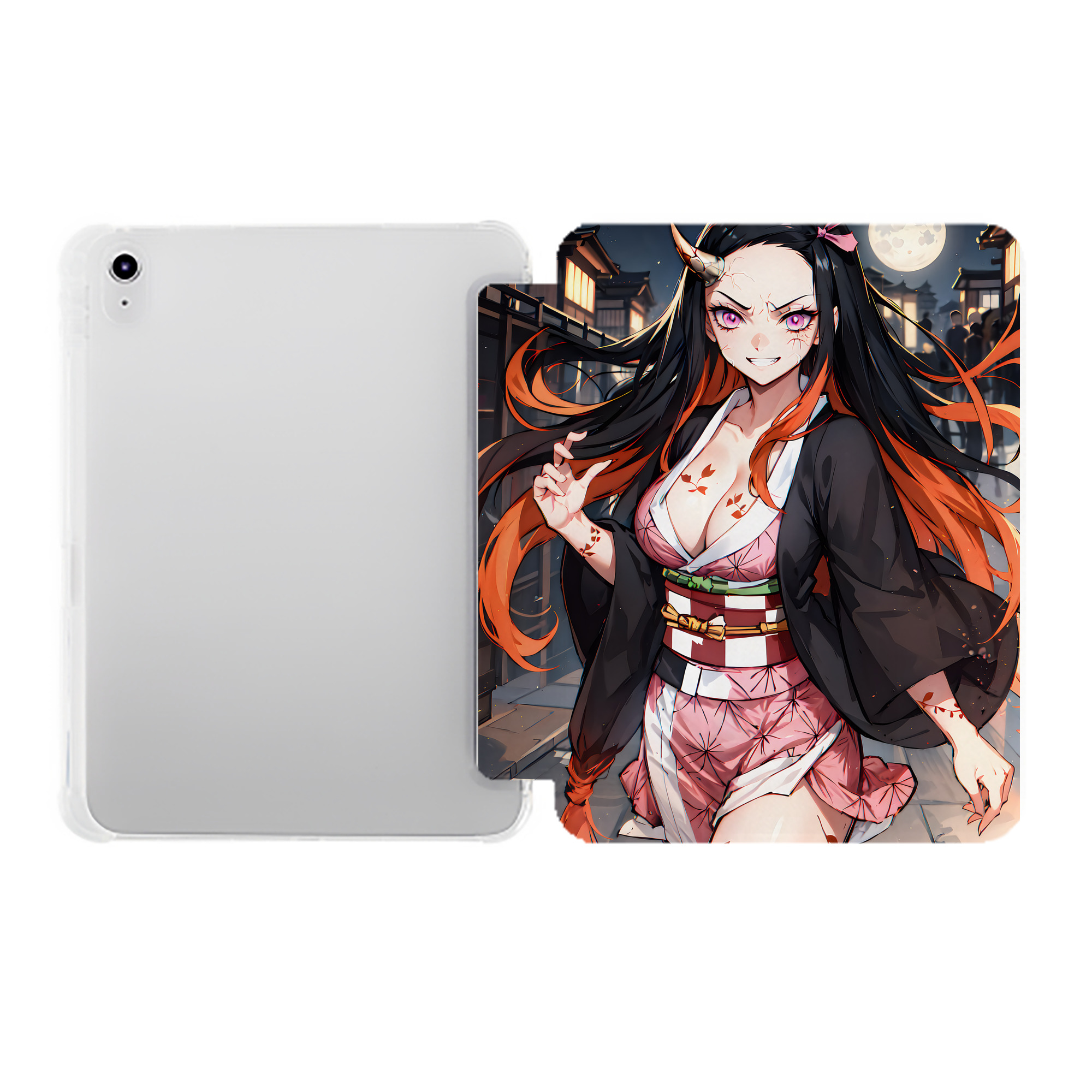 （画像用） 鬼滅の刃（きめつのやいば）竈門 禰󠄀豆子／かまど ねずこ Kamado Nezuko IPad ケース ペン収納付き 三つ折りスタンド PUレザー×シリコン 対応機種9.5/10.5/10.9インチ